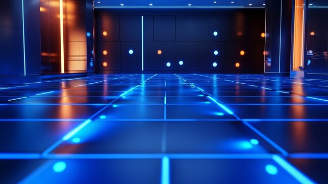 Immersive futuristic cyberspace grid with glowing blue lines and warm orange accents
