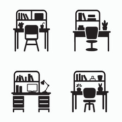 Study desk with shelves glyph icons set workspace