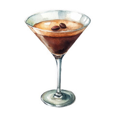 Decadent espresso martini cocktail garnished with coffee beans in a chilled glass. Watercolor illustration isolated on transparent background