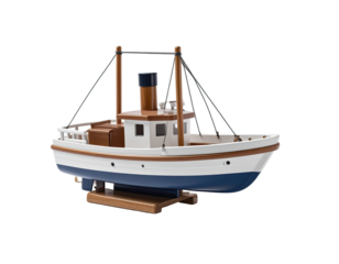 Wooden toy fishing boat with light and dark blue accents on a stand