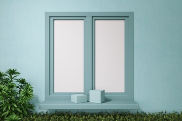 Minimalist teal window with plants and geometric cubes, 3D render