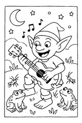 A cheerful elf playing the ukulele for two frogs and crickets at night, a whimsical fantasy coloring page for children.