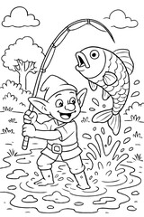 A cheerful elf happily catching a giant fish in a river, a fun and whimsical fantasy coloring page for children.