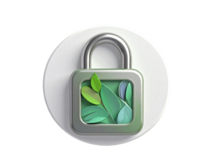 A stylized, 3D padlock icon.  Green leaves adorn the square lock.  A white circle surrounds the entire image