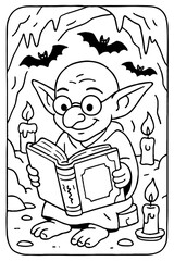  A friendly little goblin wearing glasses, reading a magic spellbook in a spooky, candlelit cave, a Halloween coloring page.