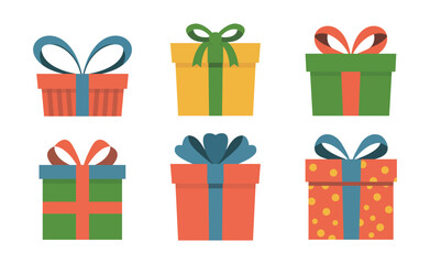 set of colorful gift boxes vector illustration. collection for birthday, christmas, holiday. Wrapped package illustration with bow. Surprise party element. Flat cartoon design.