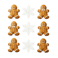 Fototapeta premium Six gingerbread cookies and snowflakes isolated on transparent background