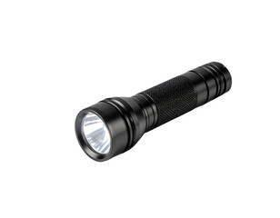 Black handheld flashlight, cylindrical body, smooth front, textured grip
