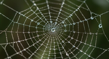 Close-up of dew drops on a spider web in the morning sunlight, high detail, macro nature photography