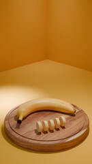 Banana with slices on round cutting board and yellow studio wall