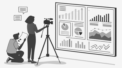 Filming a Business Report or Presentation Two Figures Reviewing Data and Filming.