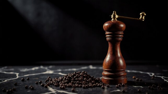 Classic wooden pepper grinder with scattered peppercorns on dark marble, captured in dramatic light for a rich culinary and rustic kitchen aesthetic.