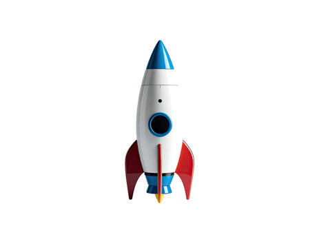 A stylized rocket ship, white body with red and blue accents, ready for launch, against a black background