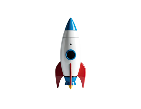 A stylized rocket ship, white body with red and blue accents,  ready for launch, against a black background - Powered by Adobe