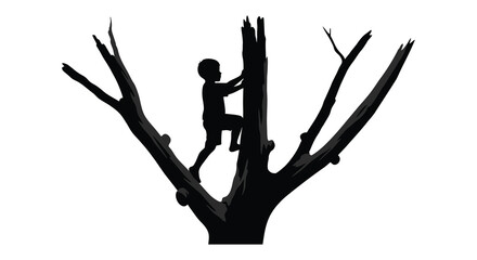 a child climbs high on barren tree branches