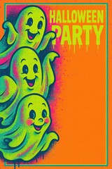 Obraz premium Neon cartoon ghosts with copy space. Perfect for kids Halloween parties, classroom décor, seasonal crafts, and festive advertising 