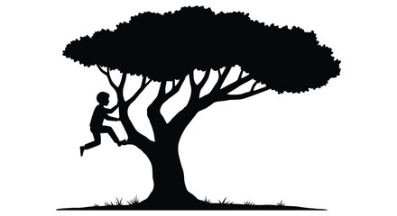 a silhouette of a person climbing a large tree