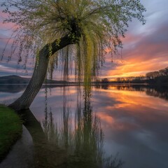 Sunset on the lake. A photograph of the beauty of a natural scene,' Tree, Lake, and Sunset
