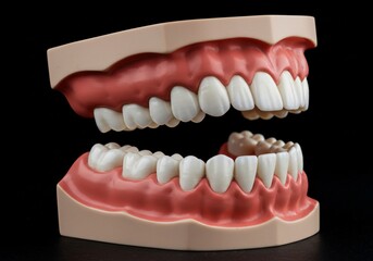 Obraz premium Anatomical model showing the upper and lower jaw with teeth on a black background in a studio shot