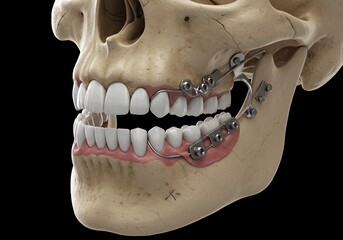 Naklejka premium Anatomical skull model with teeth and dental appliance attached to the jaw bone structure