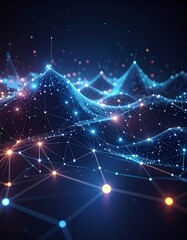 Digital landscape of interconnected nodes and lines creating an advanced tech visualization, Futuristic network with glowing connections forming an abstract mountain range