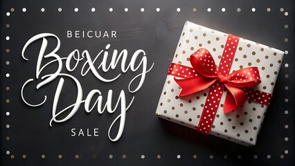 Elegant boxing day sale advertisement featuring a beautifully wrapped gift box with a red ribbon on a dark background, surrounded by delicate white dots, promoting beicuar sale