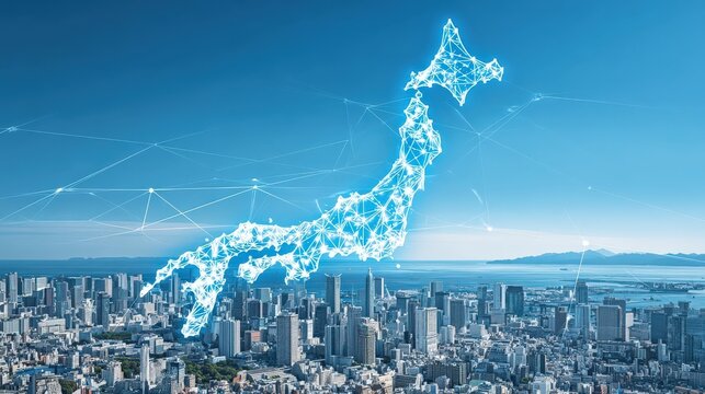 A futuristic digital representation of Japan overlaid on a city skyline, symbolizing technology and connectivity. - Powered by Adobe