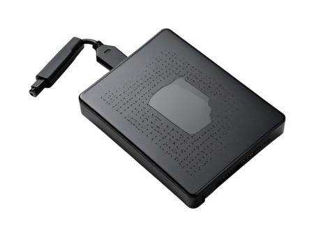 Dark gray rectangular device with USB cable