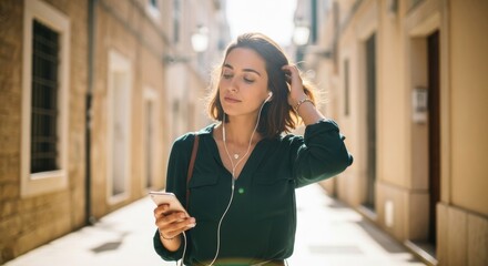 Young caucasian woman listening to music on smartphone in sunlit alley