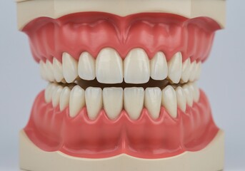 Obraz premium A dental model showing a complete set of teeth with pink gums on a plain background in a studio shot