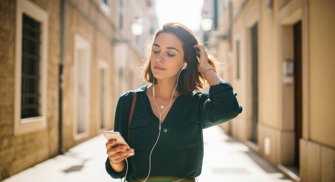 Young caucasian woman listening to music on smartphone in sunlit alley