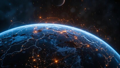 Obraz premium Global network connections illuminate Earth from space, showcasing digital connectivity and modern communication.