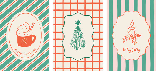 Merry Christmas hand drawn greeting cards, banners, prints. La dolce vita style illustrations with Xmas trees, decorations and wreath. Vector design  © Marina Zlochin