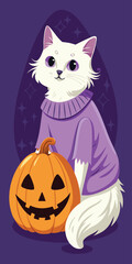 Obraz premium Fluffy white cat sitting beside a carved halloween pumpkin