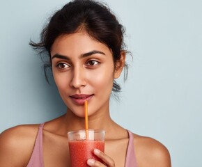 A young woman enjoys a refreshing smoothie, highlighting her radiant complexion against a soft pastel backdrop.