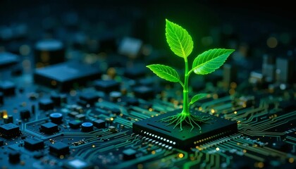 Vibrant green seedling sprouts from futuristic circuit board symbolizing tech growth and innovation