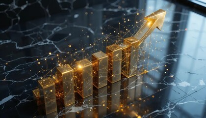 Golden financial graph with upward arrow signifies growth and success in modern digital economy