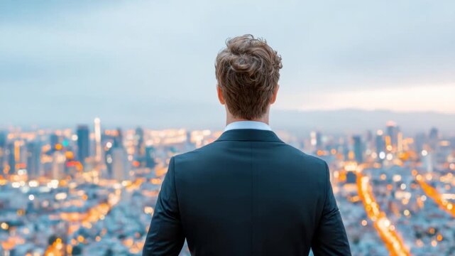 Visionary Above the City: A sophisticated individual gazes out over a glittering cityscape, lost in contemplation of the future, the urban skyline stretching towards the horizon.