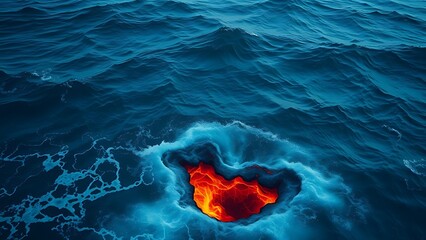 Deep blue ocean waves with glowing cracks beneath the surface, hinting at volcanic activity.