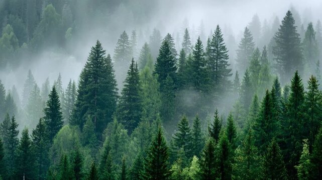 Emerald Forest Embrace: A breathtaking panorama of a lush, vibrant evergreen forest shrouded in a soft, ethereal mist, painting a scene of serene natural beauty. 