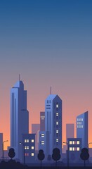 Obraz premium Flat-vector illustration of a modern city skyline at dusk with simple shapes and muted colors.