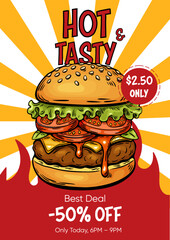 Juicy burger poster with hot and tasty promo on flame background