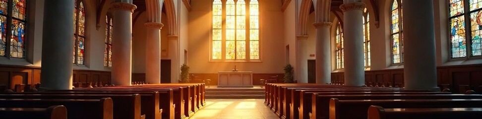 Serene interior of a church, sunlight streaming through stained-glass windows illuminating the altar and pews Perfect for themes of faith, spirituality, and religious worship , serenity, building