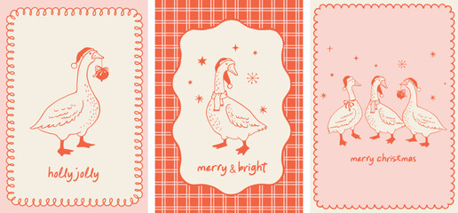 Merry Christmas hand drawn greeting cards, banners, prints. La dolce vita style illustrations with Xmas trees, decorations and goose in Santa's hat. Vector design 