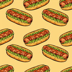 Seamless hotdog pattern with mustard on yellow background in sketch style