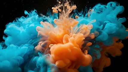 Vibrant orange and blue ink clouds swirling and exploding in water against a dark, starry background. - Powered by Adobe