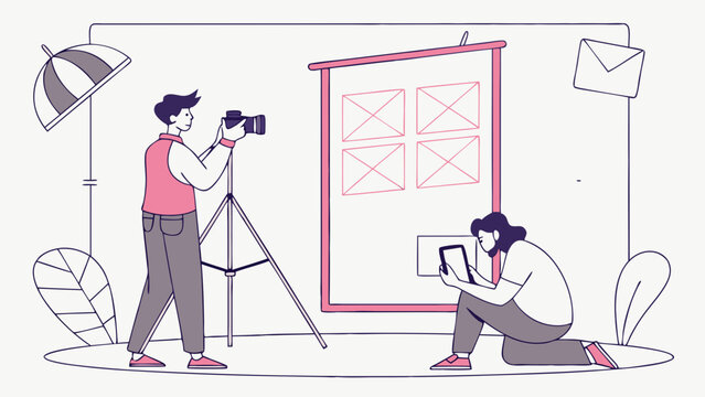 Photo shoot photographer using camera on tripod assistant reviewing images on tablet studio setup design mockup creative process visual content creation illustration graphic design art photography te.