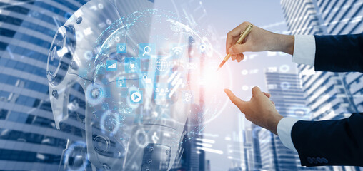 double exposure of business woman touching virtual screen.