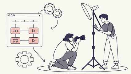 Professional Photographer and Assistant Working on Photoshoot with Studio Lighting and Workflow Illustration.