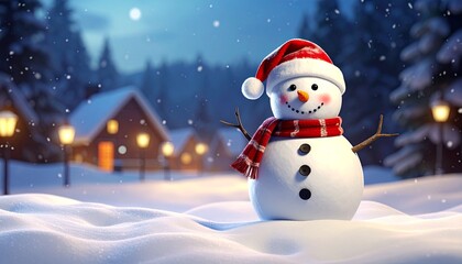 Cheerful snowman with Christmas tree in snowy festive street